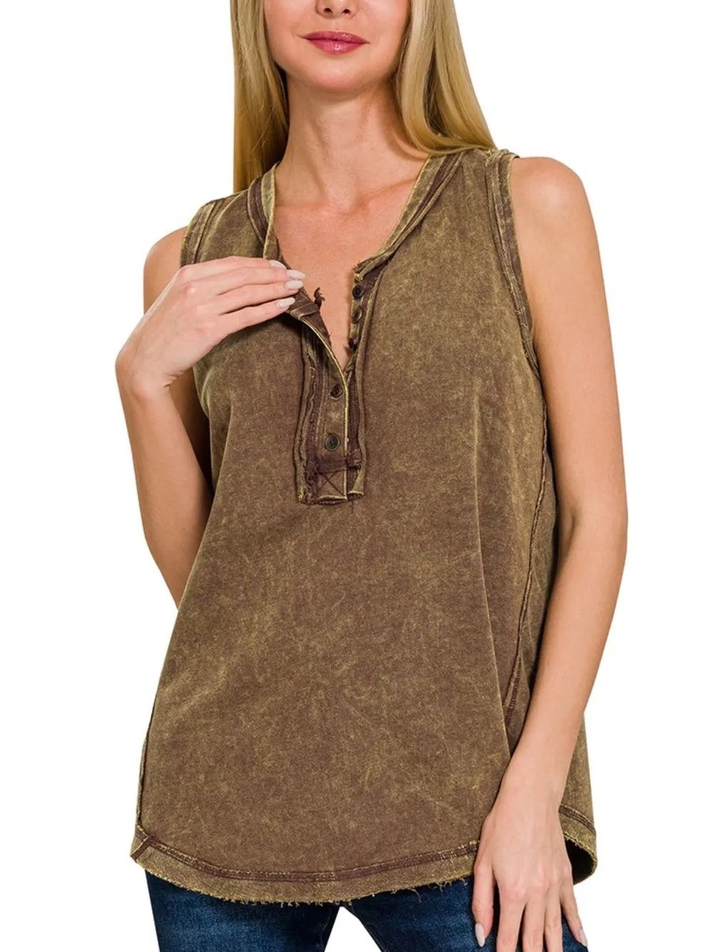 🆕 Zenana Washed Brown Sleeveless Henley Tank